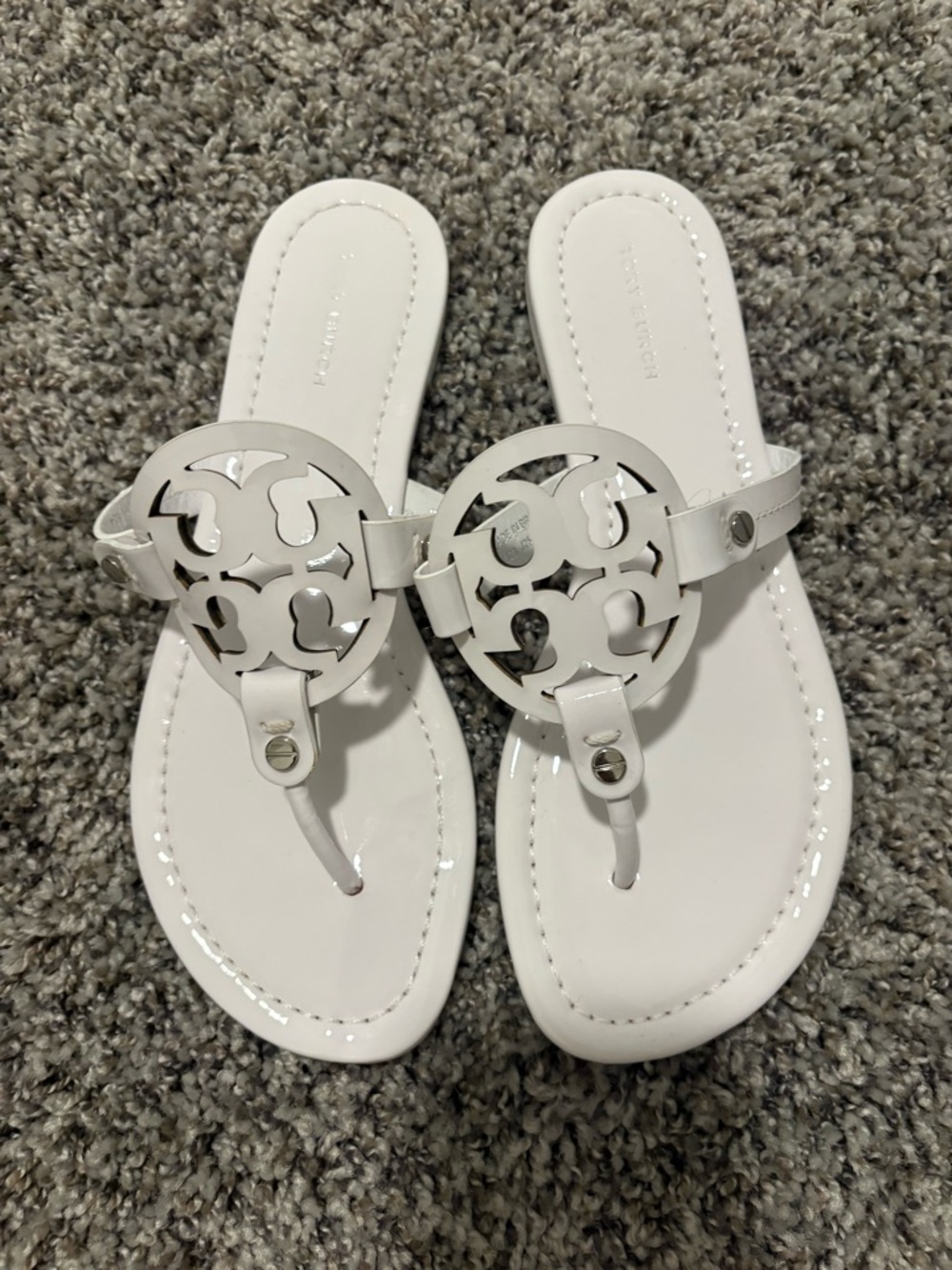 Tory Burch White Patent Logo Thong Sandals